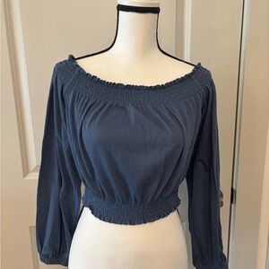 H&M blue off the shoulder ruched waistband long sleeve cropped blouse size M